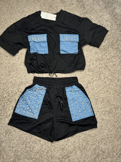 Black and Denim Short Set