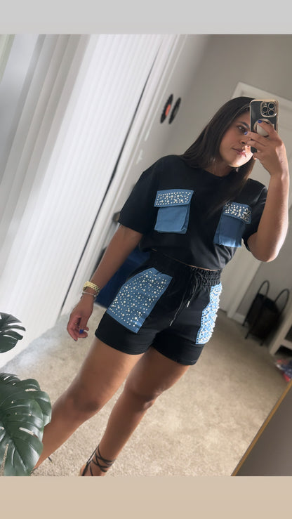 Black and Denim Short Set